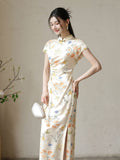 Sage Licorice Apricot Silk Cheongsam Dress