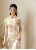 Sage Licorice Apricot Silk Cheongsam Dress