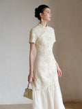 Dahlia Warm Sand Beige Embroidered Cheongsam Dress