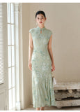 Bluebell Willow Green Embroidered Cheongsam Dress