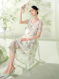 Velvet Flowing Floral Print Cheongsam Puff Sleeves Qipao Dress