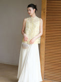 Dara 2-Piece Cloud Yellow Embroidered Vest Cheongsam