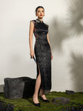 Lunara Black Jacquard Embroidered Cheongsam Dress
