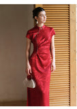 Opal Red Jacquard Satin Cheongsam Dress