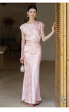 Lavender 2-Piece Light Pink Jacquard Cheongsam Set