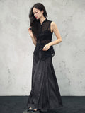 Xiaowen Black Lace Jacquard Cheongsam Top