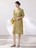 Oleander Flower Yellow Jacquard Cheongsam Dress