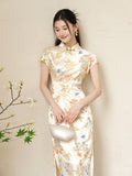 Sage Licorice Apricot Silk Cheongsam Dress