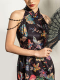 Peach Black Vintage Floral Cheongsam Dress