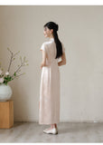 Meira Powder Cloud Embroidered Satin Cheongsam Dress