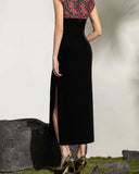 Philippa Black Velvet Floral Embroidered Cheongsam