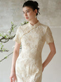 Dahlia Warm Sand Beige Embroidered Cheongsam Dress
