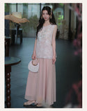 Rose Satin Glow Embroidery Qipao Cheongsam Two Piece