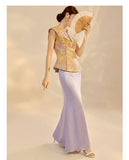 Elara 2-Piece Gold Vest Purple Skirt Cheongsam Set