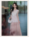 Rose Satin Glow Embroidery Qipao Cheongsam Two Piece