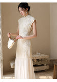 Qing Nectarine Embroidered Mermaid Cheongsam