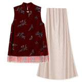 Velvet 2-Piece Embroidered Vest Skirt Cheongsam Set