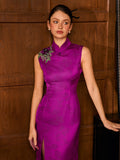 Acacia Purple Embroidered Jacquard Cheongsam Dress