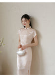 Meira Powder Cloud Embroidered Satin Cheongsam Dress