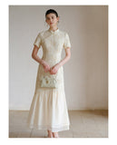 Dahlia Warm Sand Beige Embroidered Cheongsam Dress