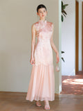 Theodora Mist Pink Jacquard Satin Cheongsam Dress