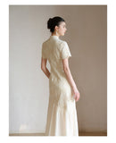 Dahlia Warm Sand Beige Embroidered Cheongsam Dress