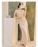 Interlude 2-Piece Embroidered Vest Champagne Skirt Cheongsam Set