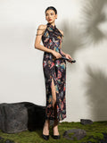 Peach Black Vintage Floral Cheongsam Dress