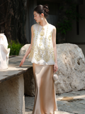 Kendra Golden Silk Beaded Cheongsam Top