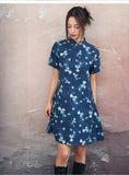 Geranium Blue Butterfly Print Cheongsam Dress