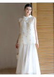 Vera 2-Piece White Gold Silk Vest Set Cheongsam