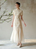 Dahlia Warm Sand Beige Embroidered Cheongsam Dress