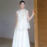 Vera 2-Piece White Gold Silk Vest Set Cheongsam