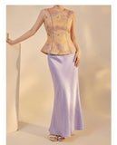 Elara 2-Piece Gold Vest Purple Skirt Cheongsam Set
