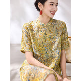 Oleander Flower Yellow Jacquard Cheongsam Dress