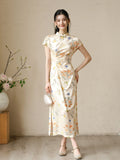 Sage Licorice Apricot Silk Cheongsam Dress
