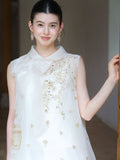 Vera 2-Piece White Gold Silk Vest Set Cheongsam