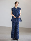 Peace 2-Piece Dark Blue Jacquard Cheongsam Set