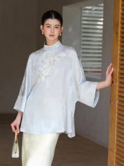 Tiara Cloud Blue Beaded Jacquard Cheongsam Top
