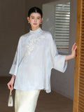 Tiara Cloud Blue Beaded Jacquard Cheongsam Top