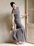 Isolde 2-Piece Bamboo Shadow Gray Jacquard Cheongsam Set