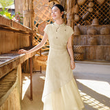 Hana Notable Irregular Waistline Stand Collar Cheongsam Qipao Dress