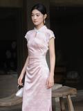 Magdalena Peach Mist Jacquard Satin Cheongsam Dress