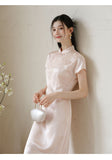 Meira Powder Cloud Embroidered Satin Cheongsam Dress