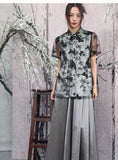 Yarrow Black Butterfly Mesh Cheongsam Top