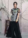 Yarrow Black Butterfly Mesh Cheongsam Top