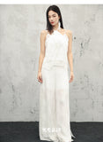 Tang White Lace Wide-Leg Pants Cheongsam