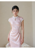 Magdalena Peach Mist Jacquard Satin Cheongsam Dress