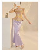 Elara 2-Piece Gold Vest Purple Skirt Cheongsam Set
