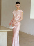 Lavender 2-Piece Light Pink Jacquard Cheongsam Set